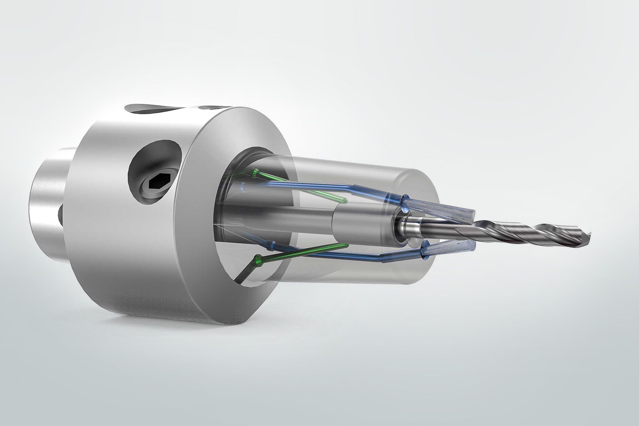 A chuck with a transparent clamping range is shown in a rendering. Cooling channels are shown in blue.