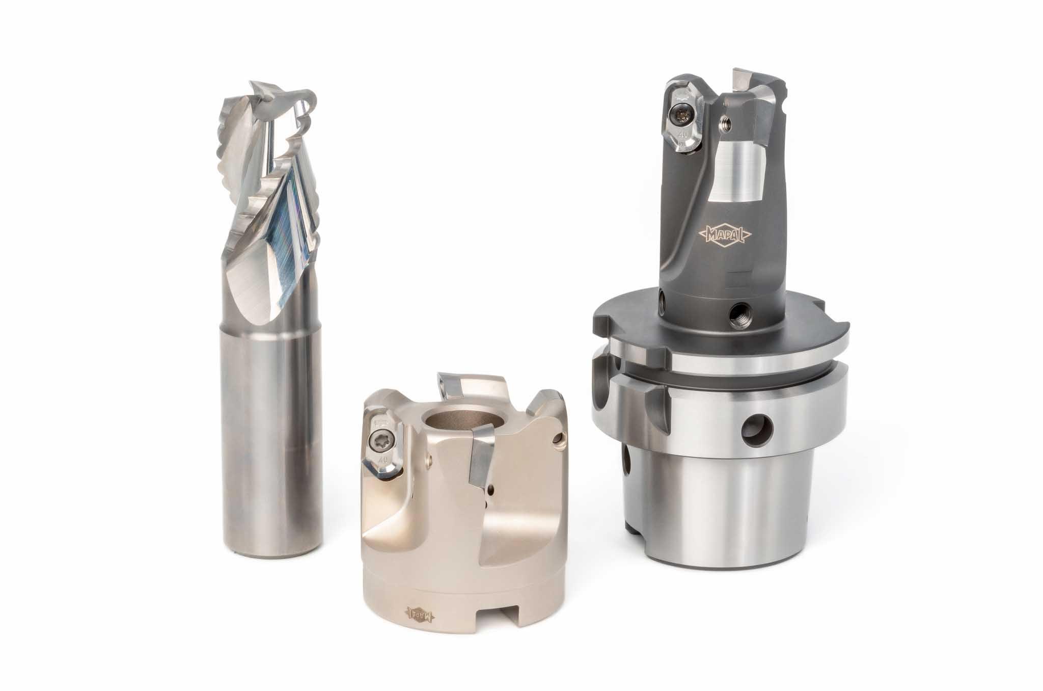 Das Bild zeigt drei unterschiedliche Fräser für die Hochvolumenbearbeitung von Aluminium.