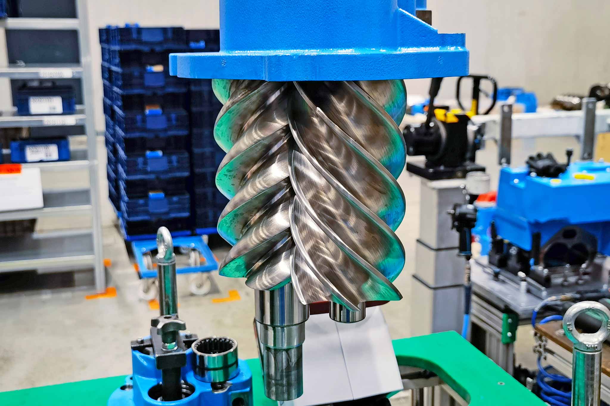 A partially assembled screw compressor assembly from BOGE Kompressoren.
