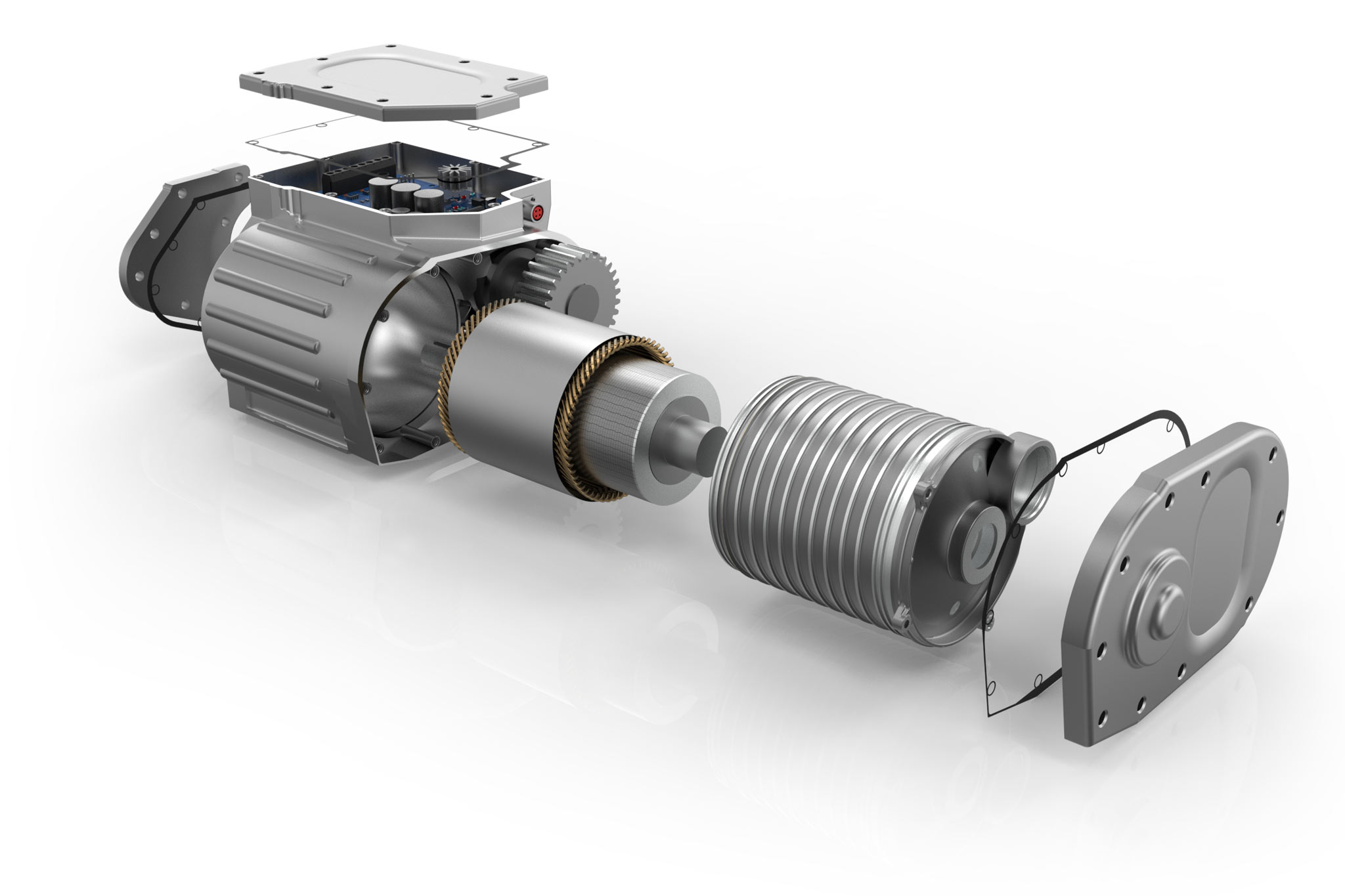 An electric motor housing with a pot-shaped stator housing in exploded view.