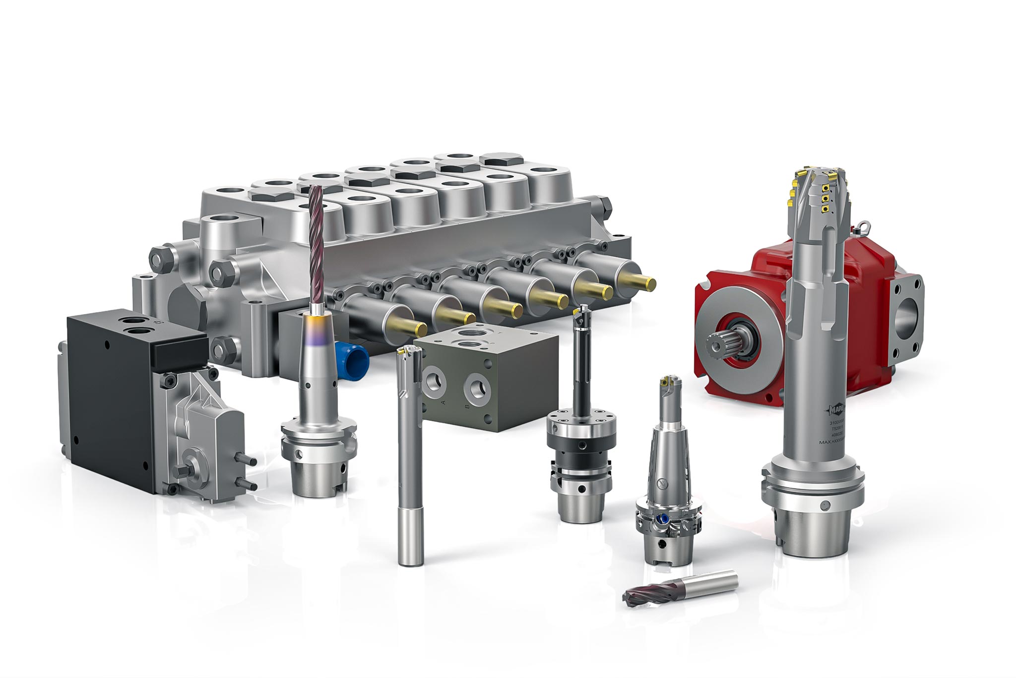 Examples of valve housings with the MAPAL tools used for machining.