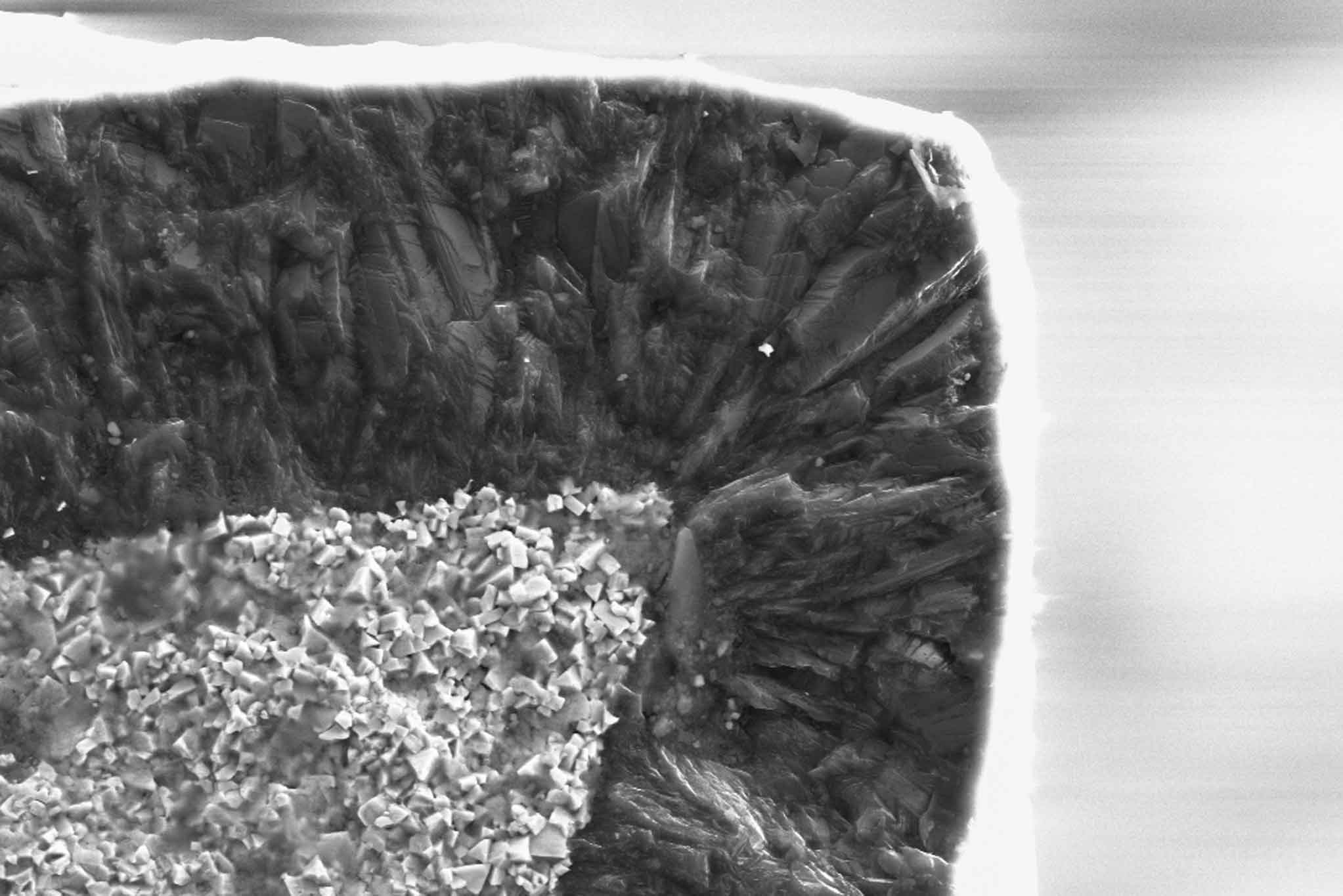 REM-Aufnahme der Bruchkante eines diamantbeschichteten Vollhartmetallwerkzeugs, Vergrößerung: 3.000-fach.