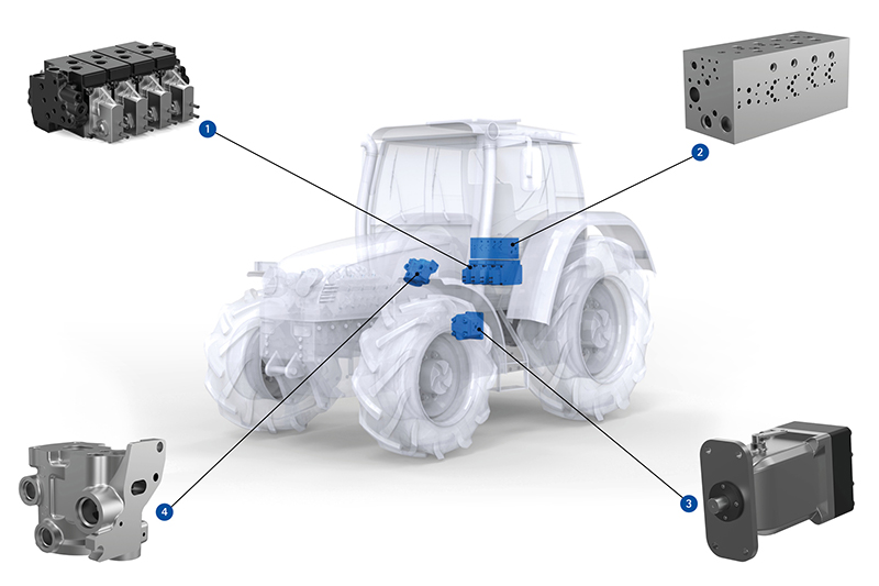 In a rendering, the main components of a tractor are marked in blue and shown as an exploded view.