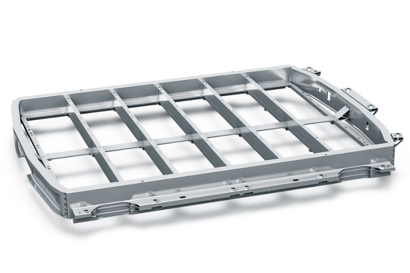 Eine Batteriewanne aus Aluminiumprofilen.